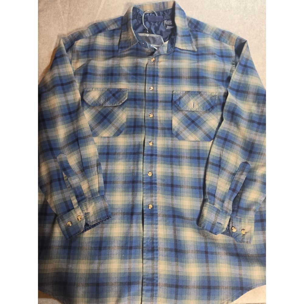 Vintage Blue Plaid Flannel Shirt Lined Acrylic Button Down XLT Long Sleeve